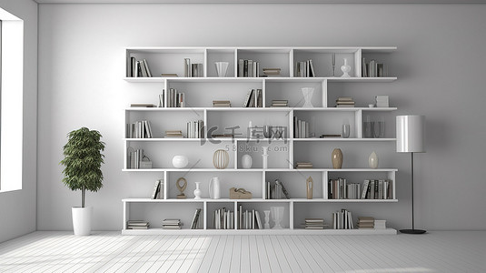 适用于家庭或办公空间的时尚书柜，采用优雅的白墙设计 3D 可视化