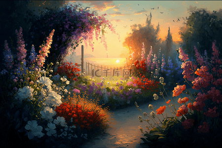 栅栏花朵花园油画风景