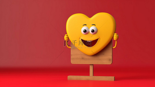 红心吉祥物的 3D 渲染，持有空白木制菜单黑板，用于黄色背景的户外展示