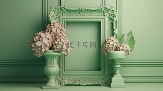 绣球花装饰的 3D 讲台展示在郁郁葱葱的绿色背景下的复古框架上