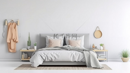 床上yon背景图片_舒适的床，在白墙上贴有模型海报，在白色背景上渲染 3D 插图