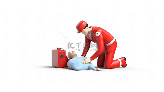 白色背景下的 3d CPR 培训概念医生进行急救