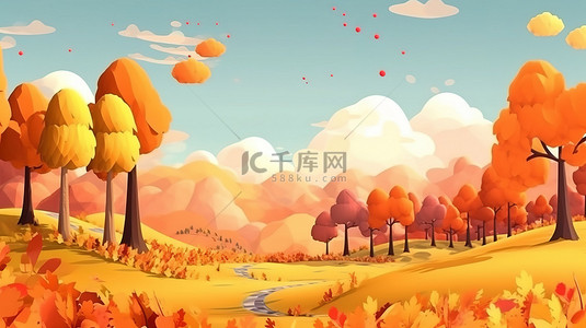 卡通风格3D树木营造出风景如画的秋季风景背景