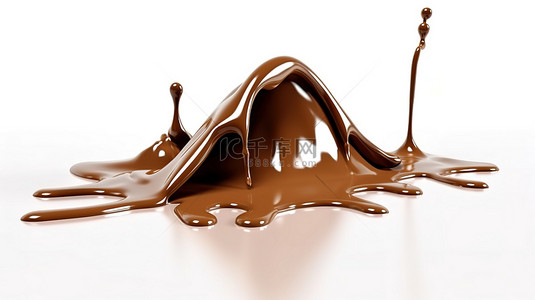融化的巧克力糖浆滴在白色表面上的 3D 渲染
