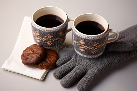 茶背景图片_两只灰色暖腕手套，配有巧克力和咖啡杯