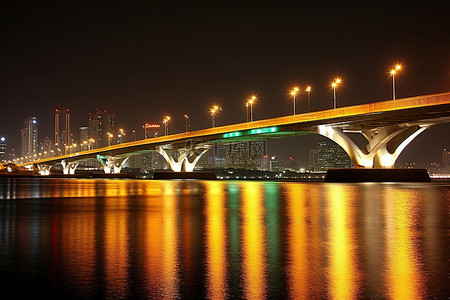夜晚城市背景图片_夜间穿过水面的白色桥梁，有其他灯光
