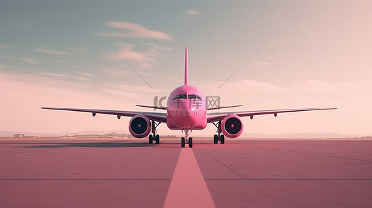 粉红色飞机从跑道前视图上升的最小 3D 渲染