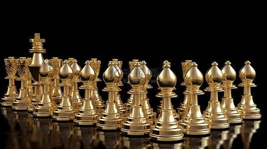 团队合作在黑色 3D 渲染中发挥令人惊叹的金色国际象棋集合
