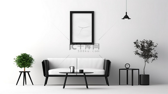 咖啡桌和黑色椅子的 3D 渲染，白墙上有水平海报框架模型