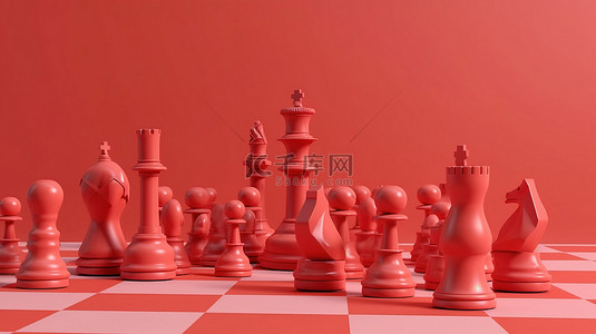 令人惊叹的 3d 国际象棋套装呈现在柔和的红色背景上，逼真且引人注目的设计