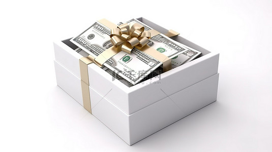 礼包现金背景图片_白色背景上装有现金的白色礼品盒的 3D 渲染
