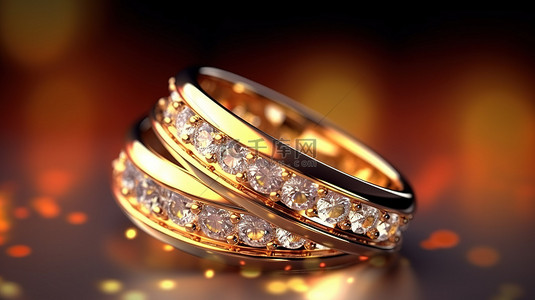 光滑背景上闪闪发光的黄金和钻石戒指的宏观 3D 渲染