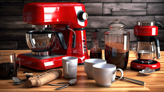 时尚的红色厨房电器系列搅拌机烤面包机咖啡机绞肉机食物搅拌机和咖啡研磨机在经典木桌上 3D 渲染