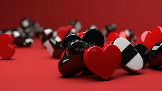 红色背景上的简约 3D 心形图标黑色和白色，非常适合情人节