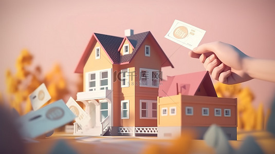 房屋买卖卡通背景图片_卡通手交换钞票和房子进行 3D 付款的插图