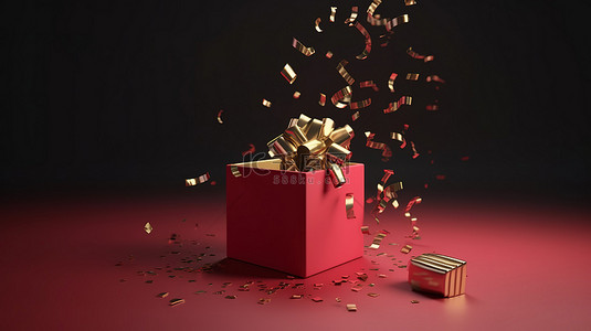 金色礼品台背景图片_金色丝带红色礼品盒 3D 渲染层叠下来令人惊叹的 3D 插图背景