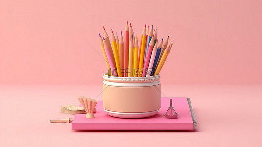 粉红色背景与书籍和铅笔教育的创意表现回到学校 3d 渲染