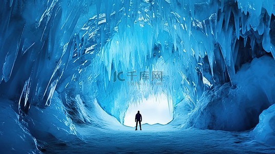 令人惊叹的 3D 渲染捕捉到蓝色水晶冰洞中男人的剪影
