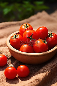 新鲜西红柿背景图片_土壤顶部木碗里的红番茄
