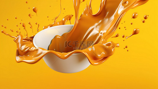 滴油在黄色的背景图片_焦糖滴在充满活力的黄色背景上的 3D 渲染