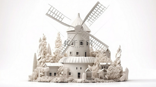 1 空白背景下旧风车农场的白色粘土风格 3D 渲染