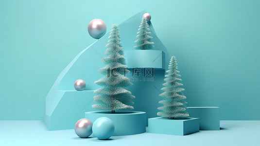 可爱蓝色边框背景图片_蓝色背景讲台装饰着 3D 渲染的圣诞树