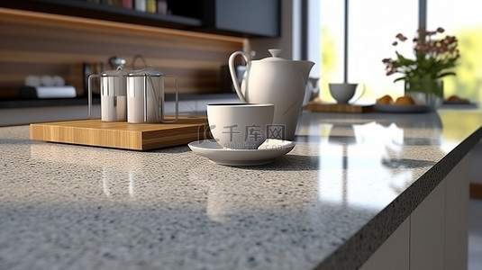 现代花岗岩台面，可在优雅的厨房背景下进行蒙太奇 3D 渲染