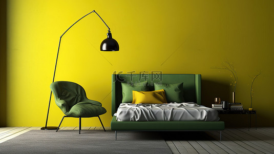 卧室的 3D 渲染，配有深黄色艺术墙绿色床和带落地灯的黄色扶手椅