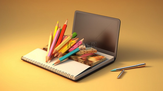 计算机教室背景图片_计算机和学校笔记本的 3D 插图，带铅笔，用于电子学习概念