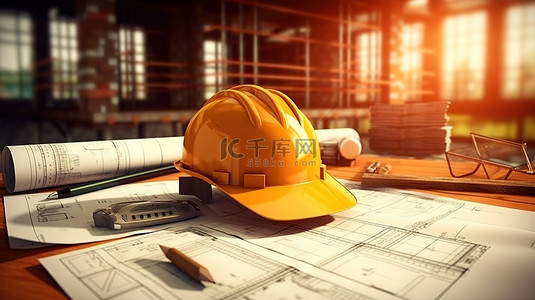 木工工具背景图片_建筑室内蓝图与建筑商工具安全装备 3D 渲染