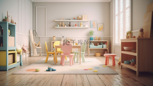 令人惊叹的儿童游戏室的 3D 插图，配有玩具桌椅和架子