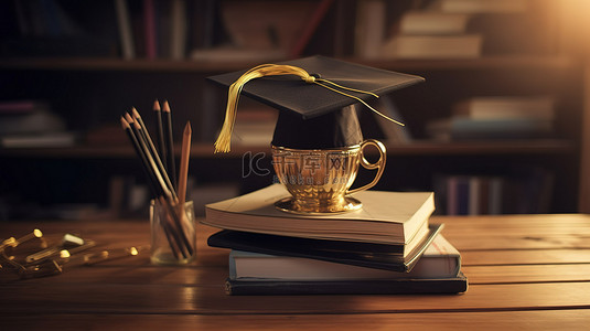 带有 3D 渲染毕业帽的金色奖杯，木桌上放着书本和铅笔
