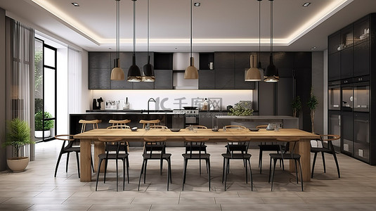 漂亮的厨房和餐厅，在 3D 渲染中铺有木地板