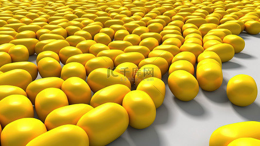 方行标签背景图片_3D 插图白色背景上均匀的黄色药丸行