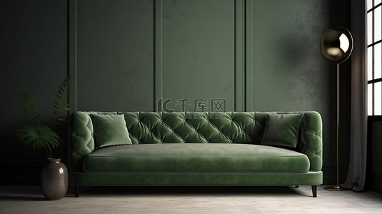 现代室内设计的 3D 可视化，浅绿色沙发搭配灰色墙壁