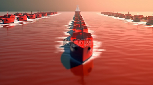 商业中的主导领导力 3D 渲染显示红色领导者在领导其他船只时向前迈进