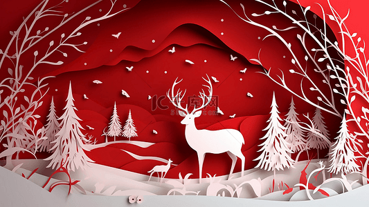 剪纸底边背景图片_圣诞节白色精美雪花立体梅花鹿