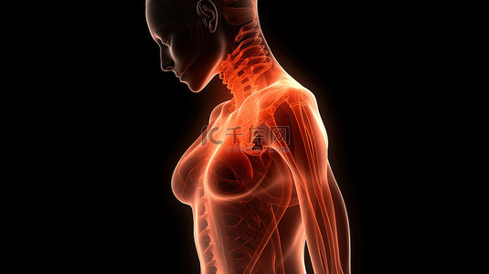 女性医学模型经历肩部不适的 3D 视觉描绘