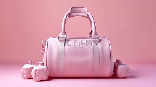 柔和的粉红色和非常 peri 背景的健身必需品运动包水瓶和哑铃在时尚 3D 渲染