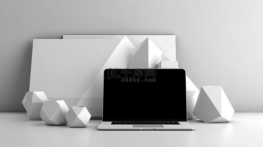 简约的技术设置笔记本电脑和智能手机在干净的白色背景上，具有 3D 几何形状和讲台