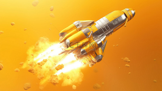 启动启动背景图片_在充满活力的黄色背景上翱翔太空的宇宙飞船的抽象 3D 渲染