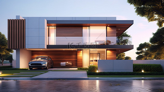 前院背景图片_具有宽敞车库和混凝土驱动器的当代住宅的 3D 渲染