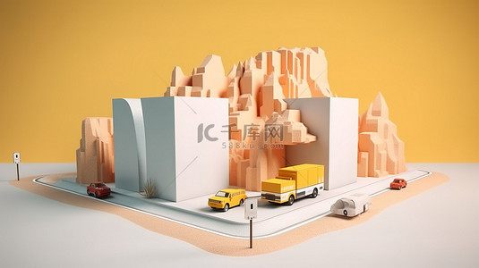 立方体道路和高速公路隔离广告旅行和度假广告的 3D 插图