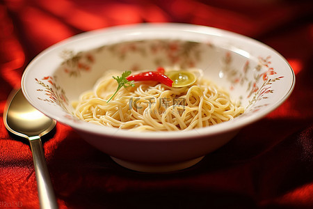 古代盛饭的碗背景图片_面条炒饭和蔬菜盛在一个白色的小碗里