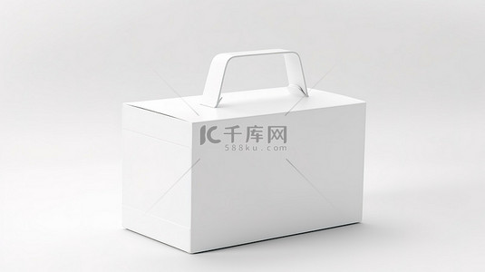 3D 渲染的白色纸板箱模型，白色背景上有透明塑料手柄