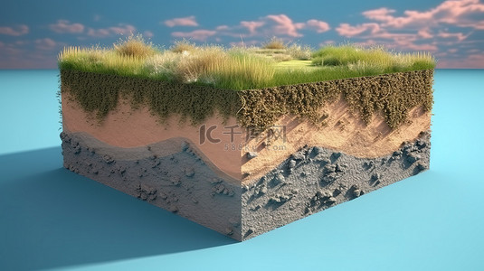 地质灾难背景图片_令人惊叹的 3D 立方景观，郁郁葱葱的绿草和丰富的土壤地质的横截面，衬托出清澈的蓝天，非常适合说明地面生态