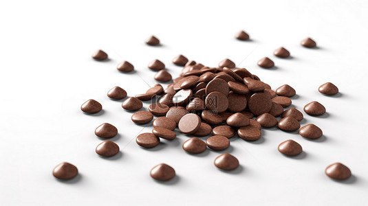 vc包装设计背景图片_牛奶巧克力滴或芯片作为白色背景上的包装设计元素的 3D 插图