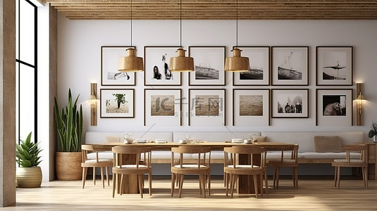 多功能起居用餐空间，在咖啡厅或画廊 3D 渲染中展示艺术品