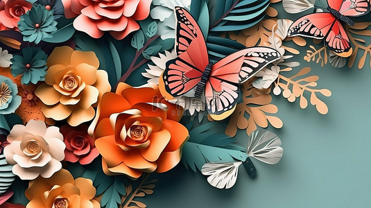 背景花蓝背景图片_纸工艺风格的花卉设计令人惊叹的花卉艺术品与 3D 渲染