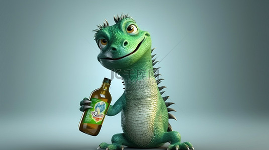 可爱的 3D 蜥蜴与苏打水瓶准备好好玩